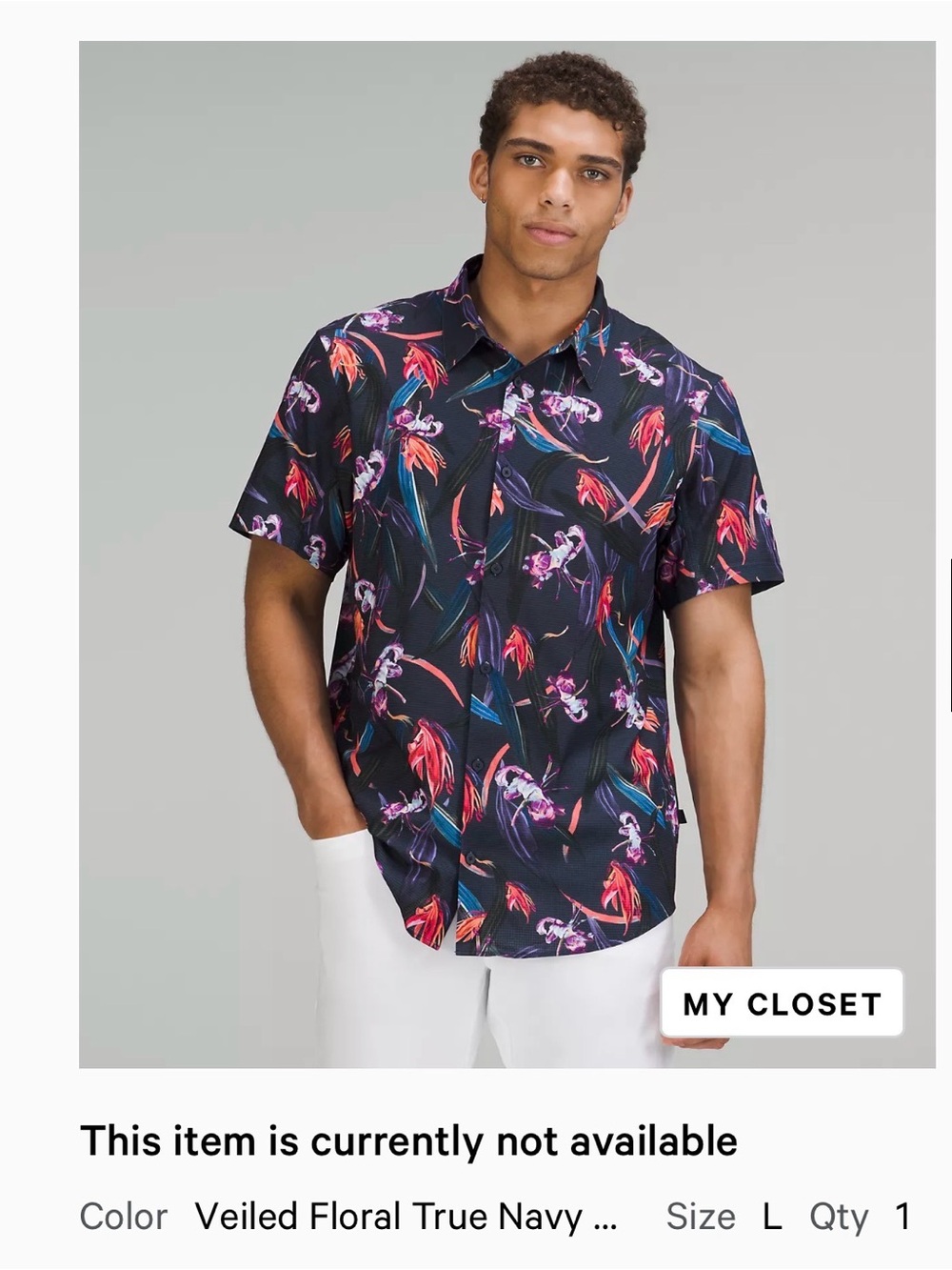 Lululemon Veiled Floral True Navy Short-Sleeve Button-Up Shirt